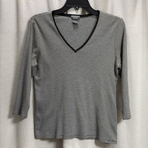 Ann Taylor Micro Stripped Pima cotton Tee Sz L black/white w satin trim v neck